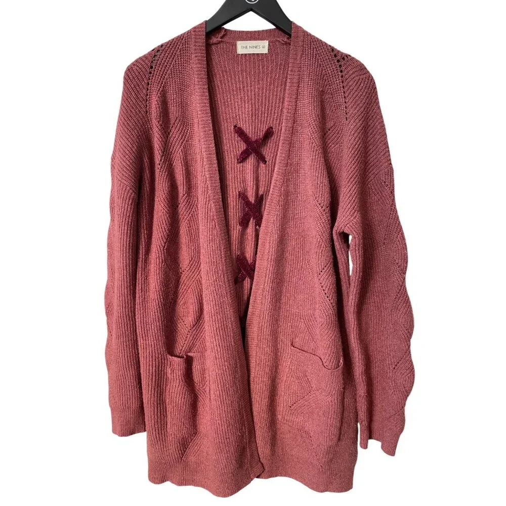 The Nines Cardigan Sweater Size Medium Open Front Lace Up Back Rose Pink Capsule